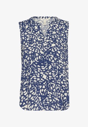 Top senza maniche in blu navy con un motivo astratto bianco, caratterizzato da una scollatura a V e un morbido drappeggio del tessuto, con un orlo leggermente curvato.