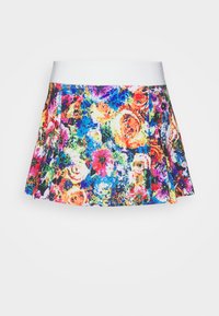 Falda mini acampanada con cinturilla blanca ancha y estampado floral abstracto colorido en tonos de azul, naranja, rosa y verde.
