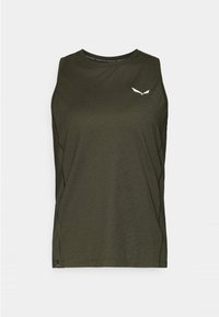 Dark green sleeveless top with a round neckline, made of lightweight fabric. Features a small white logo on the chest and side seam detailing.