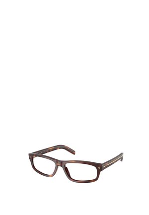 Montura rectangular de carey para gafas con una ligera curva en las patillas y lentes transparentes, mostradas sobre un fondo blanco.