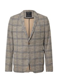 Beige Blazer mit kariertem Muster in Hellblau und Dunkelblau; verfügt über einen einzigen Knopfverschluss und zwei vordere Taschen.