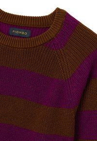Maglione lavorato a maglia con ampie righe orizzontali in marrone e viola, dotato di un collo a girocollo a coste e di un piccolo etichetta del marchio all'interno del colletto.