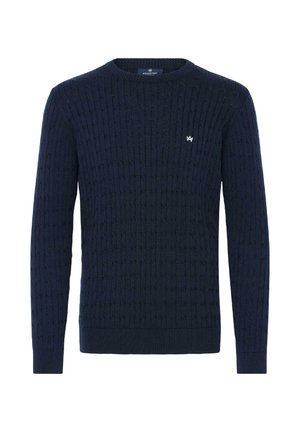 Navy blue knitted sweater with a textured cable pattern, round neckline, and ribbed cuffs and hem. Features a small logo on the chest.