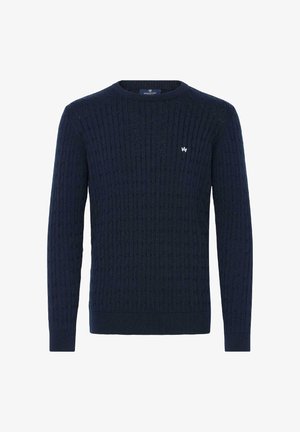Navy blue knitted sweater with a textured cable pattern, round neckline, and ribbed cuffs and hem. Features a small logo on the chest.