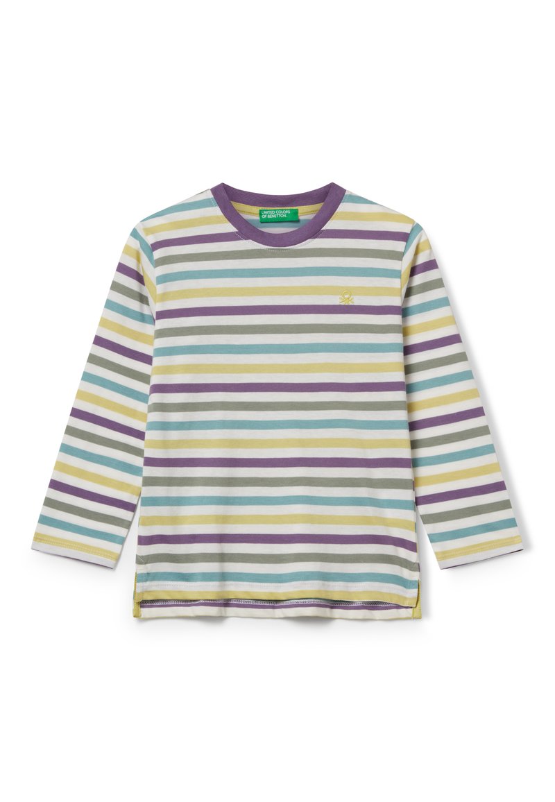 Camicia a maniche lunghe a righe con strisce orizzontali viola, gialle, verdi, blu e bianche, colletto viola e piccolo logo giallo sul petto.