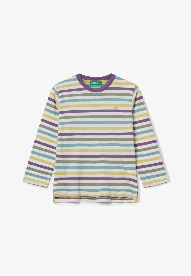 Langärmliges gestreiftes Hemd mit lila, gelben, grünen, blauen und weißen horizontalen Streifen, lila Kragen und kleinem gelben Logo auf der Brust.