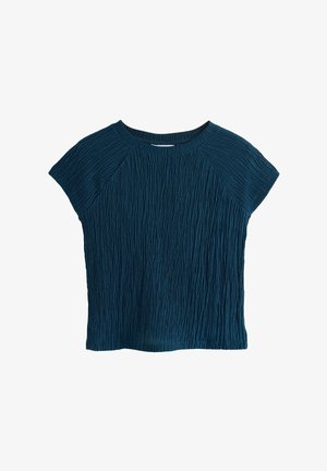 Ciemnozielona bluzka z krótkim rękawem o teksturowanym, prążkowanym wzorze. Posiada okrągły dekolt i luźny krój, idealna na codziennie noszenie.