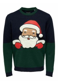 Maglione a maglia con un'illustrazione di Babbo Natale con cappello rosso e guanti, su sfondi blu scuro e verde. Tessuto morbido, design con collo rotondo.