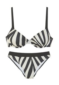 Bikini set u crno-bijelim prugama. Grudnjak s podesivim naramenicama i mekanim košaricama; odgovarajući donji dio s niskim strukom. Glatka tkanina, bez vidljivog hardvera.