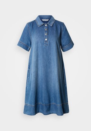 Jeanskleid mit kurzen Ärmeln, Kragen und Knopfleiste. Verfügt über Seitentaschen und Kontrastnähte. Die Farbe ist hellblau.