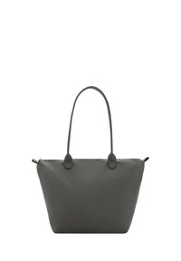 Borsa tote in tela grigia con due manici in pelle, forma rettangolare ampia e chiusura a zip. Texture liscia, design minimalista.
