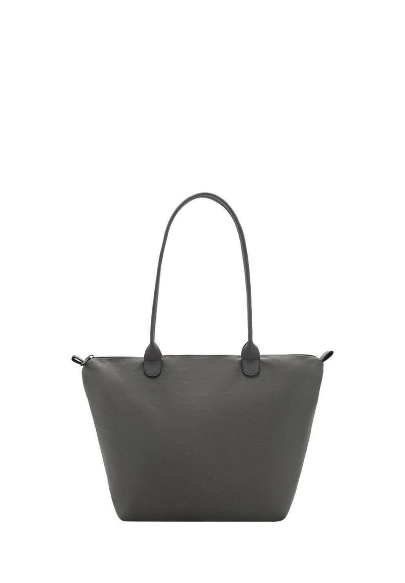Borsa tote in tela grigia con due manici in pelle, forma rettangolare ampia e chiusura a zip. Texture liscia, design minimalista.