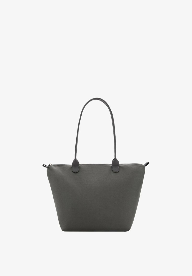 Gray canvas tote bag with two leather shoulder straps, a spacious rectangular shape, and a zip closure. Smooth texture, minimalistic design.