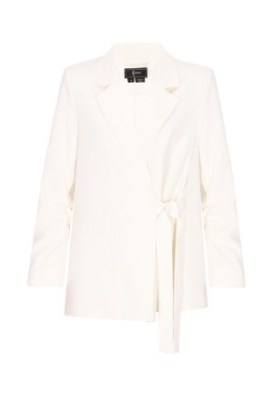 Fehér, hosszú ujjú blézer bemetszett gallérral, egy oldalzsebbel és derékon kötővel záródik.