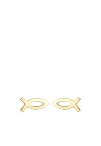 Pendientes en forma de pez dorado con un acabado pulido. Cada pieza presenta líneas limpias y un diseño minimalista, resaltando sus formas curvas y angulares.