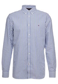 Knoopshirt met verticale blauw-witte strepen, lange mouwen, een standaardkraag en een klein logo op de linkerborst.