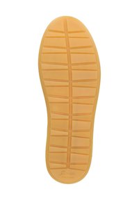 Gummisohle in hellbeige mit einer strukturierten Oberfläche. Verfügt über ein gemustertes Profil für besseren Halt und eine runde Zehenpartie. Größe 42 auf der Seite markiert.