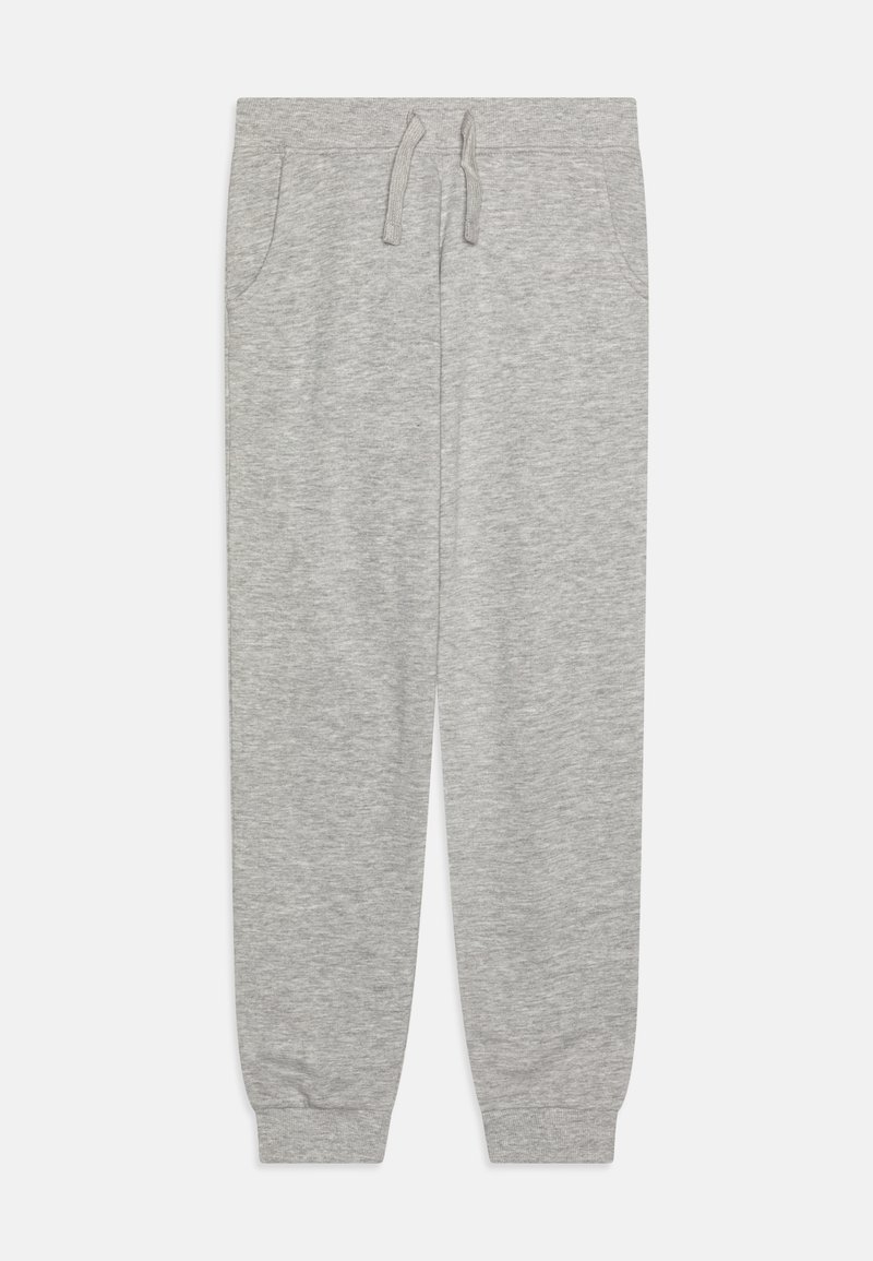 Grå bomulls joggebukser med elastisk midje, snor og sidelommer; smalner inn ved anklene og har en jevn tekstur.