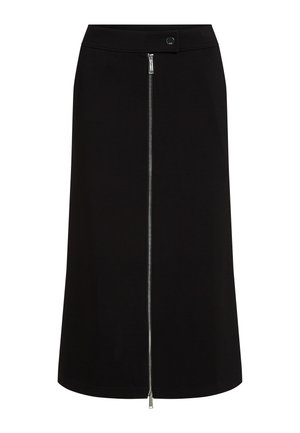 Zwarte midi-rok met een zilveren ritssluiting aan de voorkant die loopt van taille tot zoom en een met knoop gesloten taillebandje.