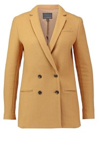 Blazer croisé couleur camel avec revers, quatre boutons noirs et deux poches fendues à l'avant, taille 4 femme, marque Banana Republic.