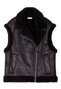 Gilet in finta pelle nera con colletto e rifiniture in shearling, zip frontale e due tasche laterali. Finitura testurizzata sul corpo.