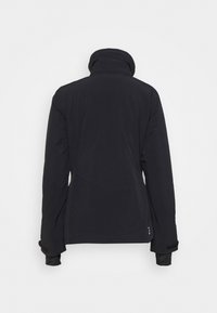 Black long-sleeve jacket with a high collar, smooth texture, and concealed cuffs. Features minimal detailing and a streamlined design.