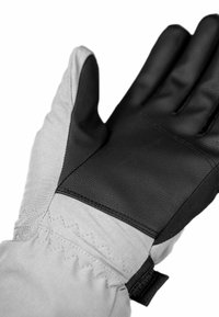Schwarze Leder- und graue Stoffhandschuhe mit einer strukturierten Oberfläche. Verfügt über Zickzackstiche und einen Klettverschluss für einen sicheren Sitz.