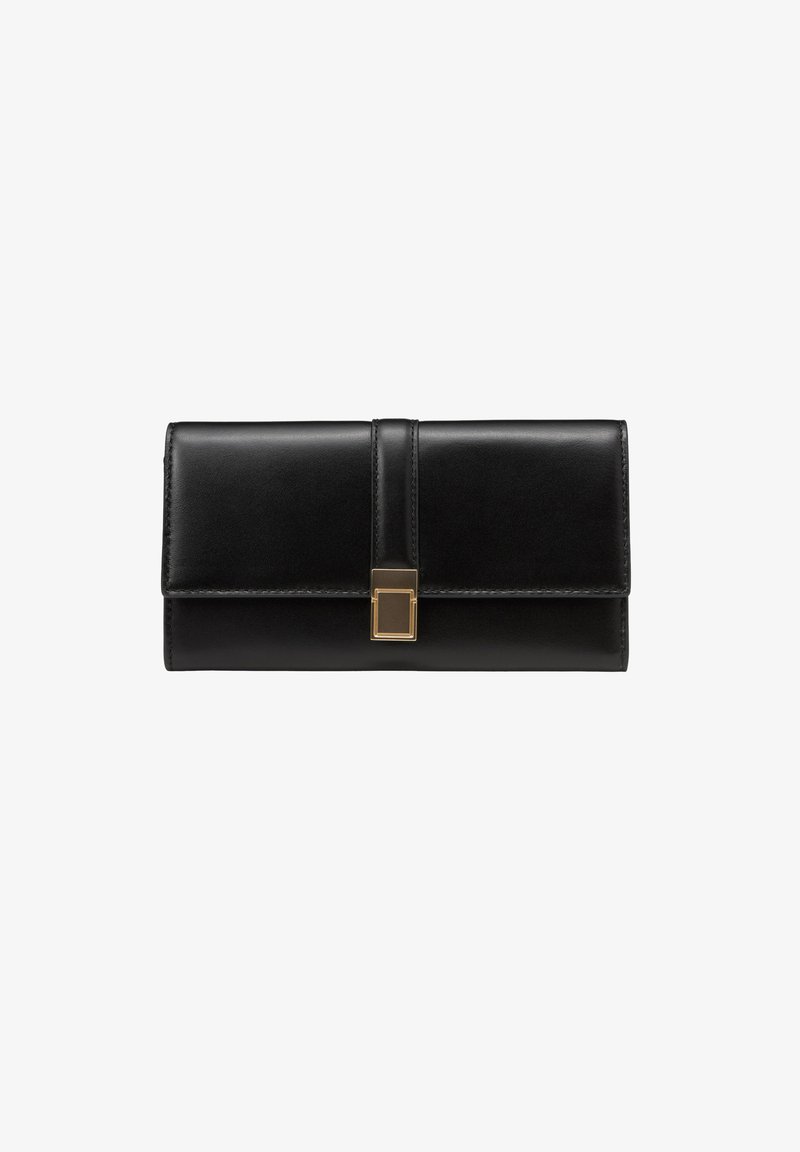Portefeuille en cuir noir de forme rectangulaire, avec une texture lisse et un détail de fermoir doré au centre. Design plat.