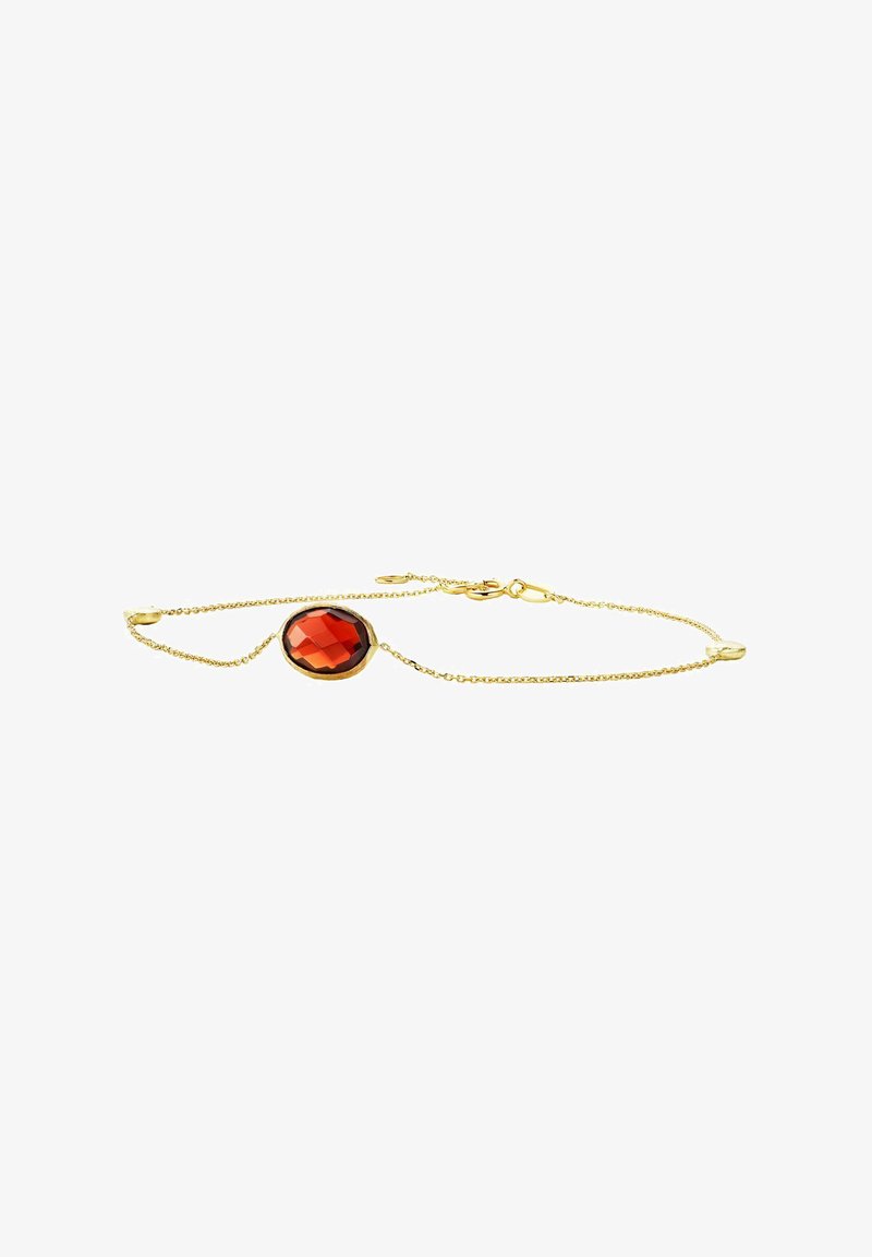 Guldkedjearmband med en stor, oval, fasetterad röd ädelsten med svart kant. Delikat design med lås av typ hummerklämma.