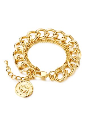 Pulsera de cadena de oro con eslabones entrelazados y un charm texturizado. Incluye un cierre de langosta y una cadena ajustable para variar el tamaño.