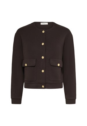 Braune, kurze Jacke aus weichem Stoff, mit rundem Ausschnitt, goldenen Druckknöpfen und zwei Fronttaschen mit Klappen.