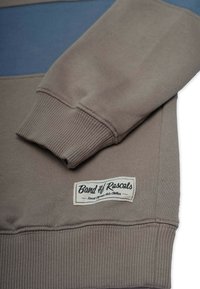 Närbild på en taupe sweatshirt ärm och nederkant med en sydd vit etikett som säger "Band of Rascals Bästa Ekologiska Barnkläder."