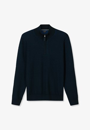 Marineblauer Pullover mit Viertelreißverschluss, strukturiertem Strickmuster, geripptem Kragen und Bündchen. Der Stoff zeigt ein dezentes Muster und eine glatte Oberfläche.