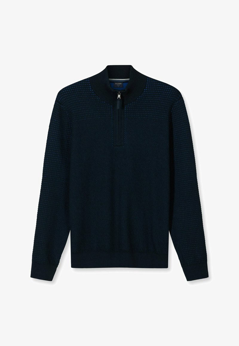 Marineblauer Pullover mit Viertelreißverschluss, strukturiertem Strickmuster, geripptem Kragen und Bündchen. Der Stoff zeigt ein dezentes Muster und eine glatte Oberfläche.