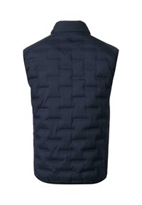 Navyblauer, ärmelloser Steppwesten mit einem strukturierten Karomuster und hohem Kragen. Weicher Stoff, leichte Isolierung und abgerundeter Saum.