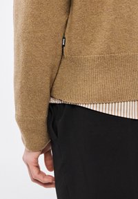 Brūns adīts džemperis ar ribveida aprocēm. Ir neliela etiķete un tas ir slāņots ar svītrainas krekla apakšu, valkāts kopā ar melnām biksēm.