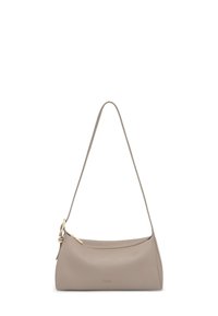 Bolso pequeño de piel color topo con una sola correa, cremallera dorada y logotipo sutil de la marca en el centro delantero.