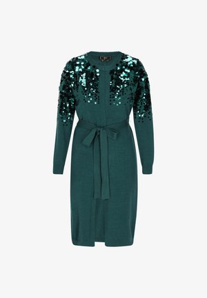 Teal strik cardigan med paillette dekorationer på skuldrene og ærmerne, med et bundet bælte i taljen og ribbede manchetter.