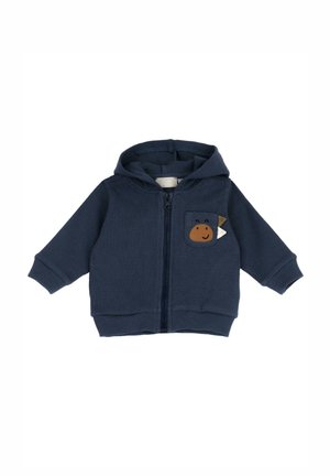 Navyblauwe rits hoodie van ribstof. Heeft een berenapplicatie op de borstzak en een capuchon met gestikte details.