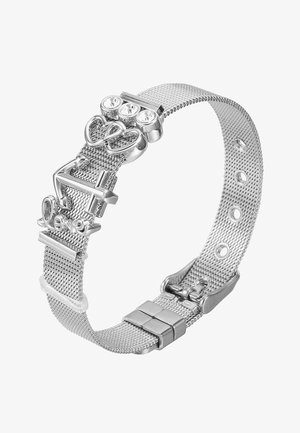 Zilveren mesh armband met decoratieve bedels, waaronder harten en een anker, versierd met ronde rhinestones. Verstelbare sluiting met gaten voor de perfecte pasvorm.