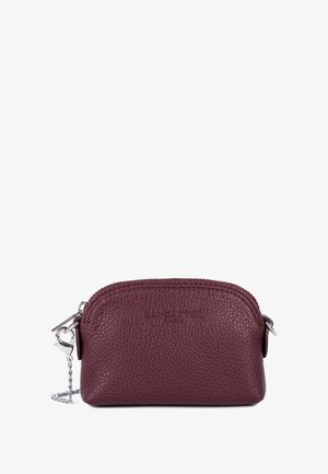 Burgundy leather pouch with textured surface, zip closure, silver-tone hardware, and chain attachment. Embossed brand logo on front.