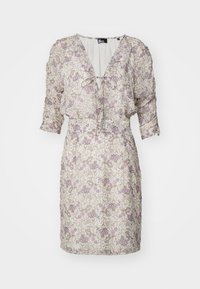 Floral dress in light fabric, featuring a V-neck, gathered sleeves, and a tie front. Colors include cream, lavender, and green accents.