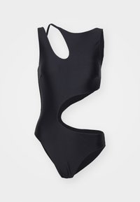 Μαύρο ολόσωμο μαγιό με σχέδιο κοψίματος, ασύμμετρη λαιμόκοψη και απαλό, ελαστικό ύφασμα για κομψή σιλουέτα.