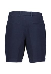 Mörkblå shorts i bomull med en slät yta, standard midjeband och två bakfickor utan synlig hårdvara.