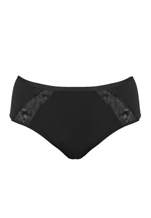 Black underwear with a smooth fabric body and lace accents on the sides, featuring a classic brief design and elastic waistband.