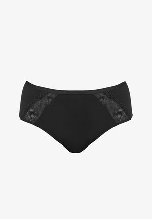 Czarna bielizna wykonana z gładkiego materiału, z koronkowymi akcentami po bokach, o klasycznym kroju majtek i elastycznym pasku w talii.