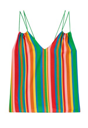 Haut camisole rayé aux couleurs vives avec fines bretelles spaghetti vertes et encolure en V.