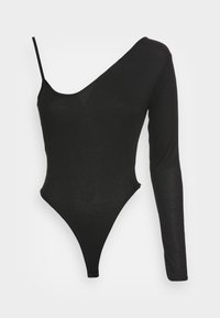 Bodysuit preto com textura, de design assimétrico, apresentando uma manga longa e um decote em V profundo. Pernas altas e tecido texturizado.