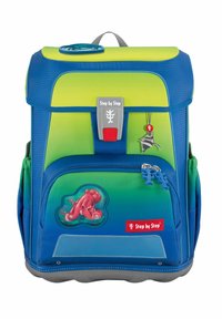 Blau- und grüner Rucksack mit einem Oktopus-Patch, Reißverschlussanhängern und einem Tragegriff. Hergestellt aus strukturiertem Material mit einer runden Form.