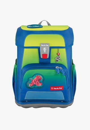 Blau- und grüner Rucksack mit einem Oktopus-Patch, Reißverschlussanhängern und einem Tragegriff. Hergestellt aus strukturiertem Material mit einer runden Form.
